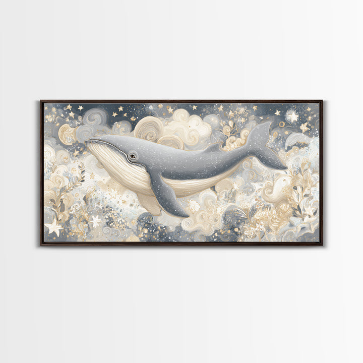 Baby Whale Swimming Through Stars Canvas Print, Nursery Decor, Canvas, Fine Art, Nursery, Playroom Decor, Floral Wall Art, NDE-2x1-52