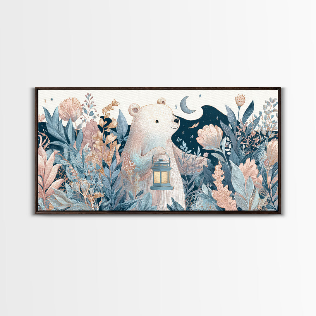Storybook Bear with Little Lantern Canvas Print, Nursery Decor, Wall, Oil Painting, Nursery, Nursery Wall Decals, NDE-2x1-53