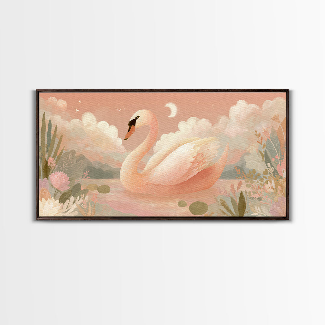 Pink Swan on Calm Pond Canvas Print, Nursery Decor, Wall Decal, Fine Art, Nursery, Wall Light, Baby Girl Nursery Decor, NDE-2x1-57