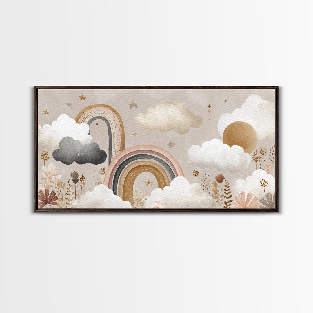 Cloud Rainbow and Raindrop Composition Canvas Print, Nursery Decor, Framed Wall Art, Fine Art, Nursery, Safari Nursery Decor, NDE-2x1-64