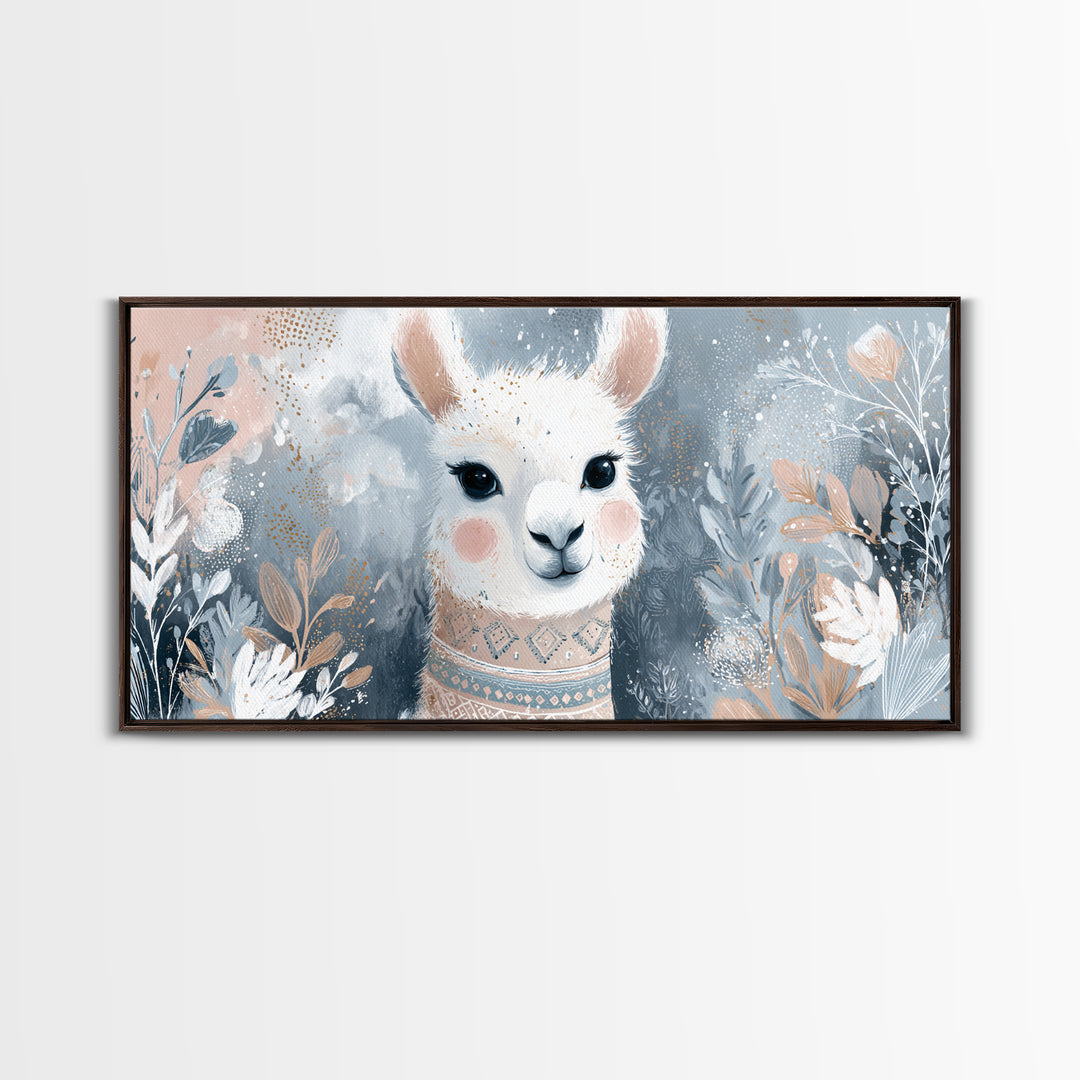 Cute Llama with Blanket Pattern Framed Canvas Print, Nursery Decor, Wall Decals, Abstract Art, Nursery, Girl Nursery Decor, NDE-2x1-65