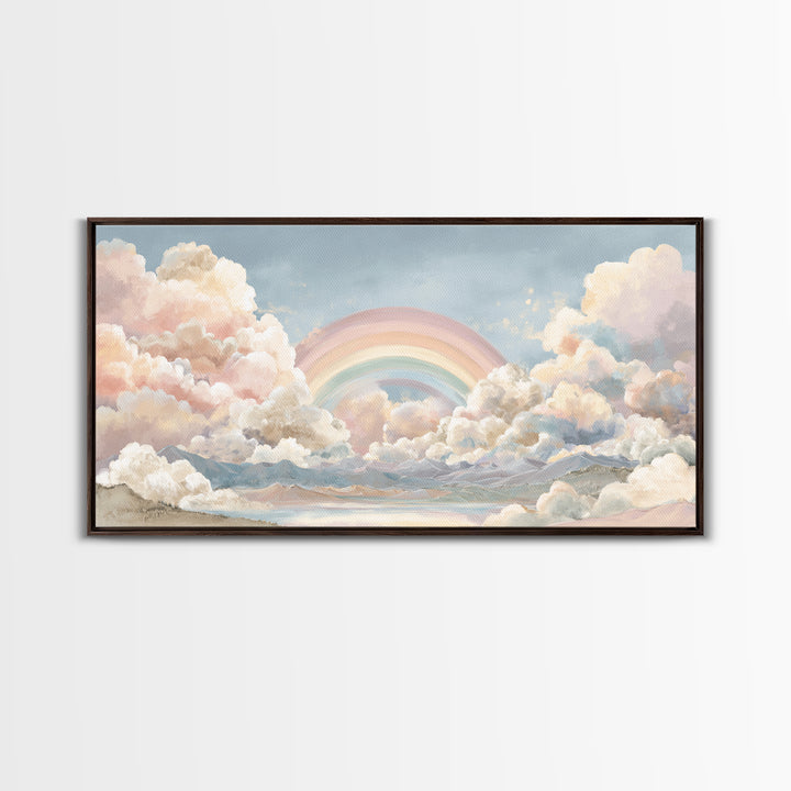 Pastel Rainbow with Soft Cloud Shapes Canvas Print, Nursery Decor, Floral Wall Art, Abstract Art, Nursery, Gallery Decor, NDE-2x1-69