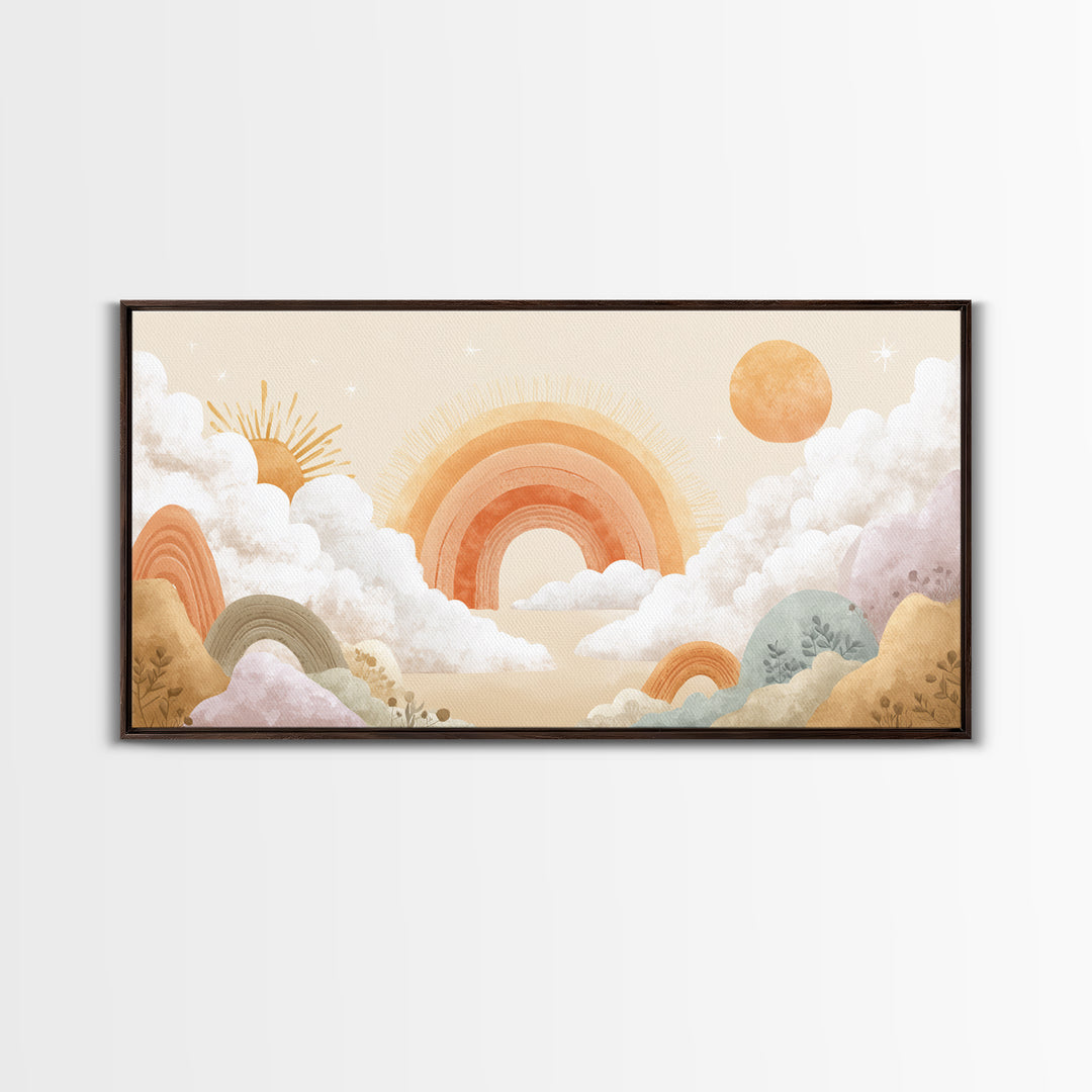 Neutral Boho Sun and Arch Shapes Framed Canvas Print, Nursery Decor, Canvas, Abstract Art, Nursery, Playroom Decor, NDE-2x1-7