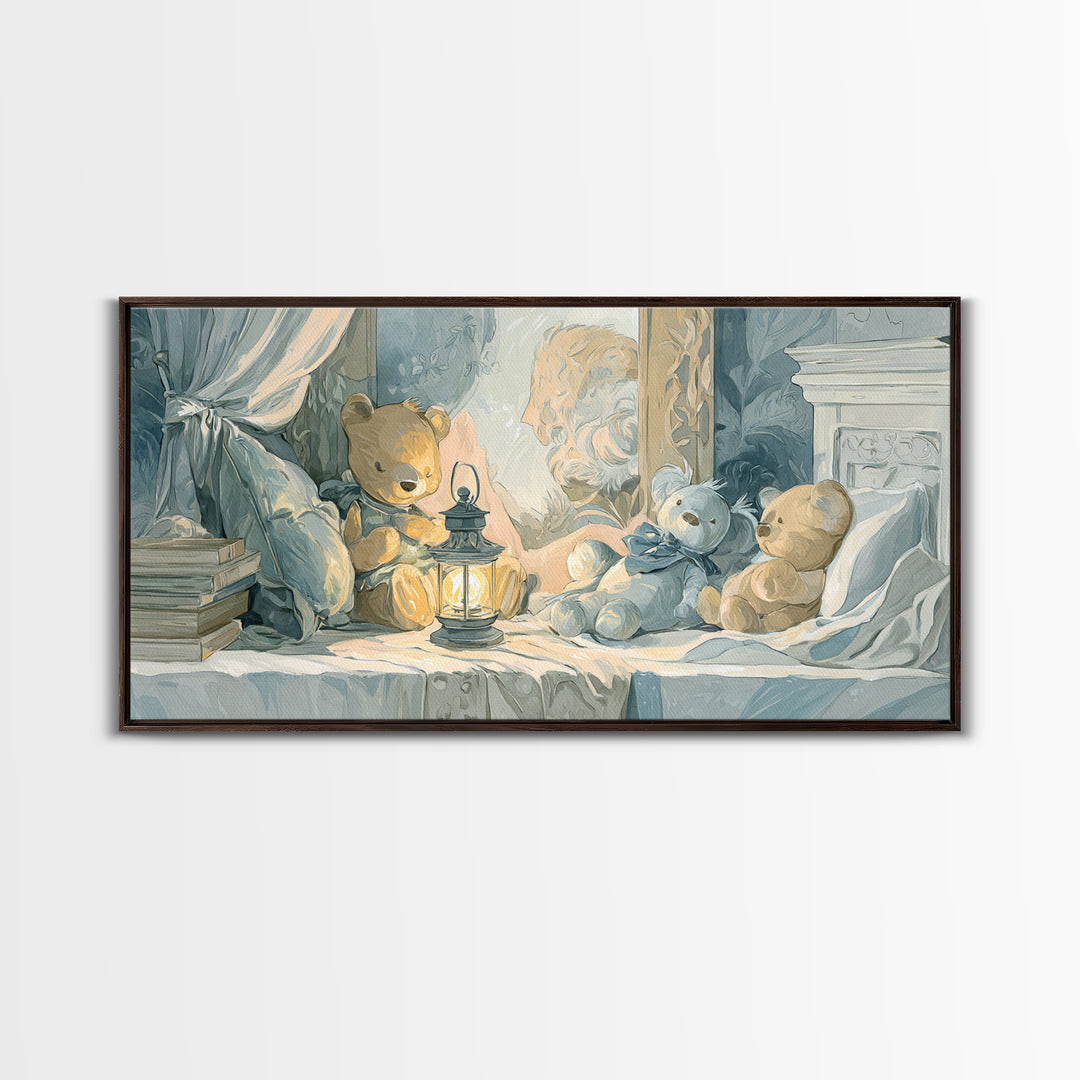 Storybook Bear with Little Lantern Canvas Print, Nursery Decor, Wall, Oil Painting, Nursery, Nursery Wall Decals, NDE-2x1-77