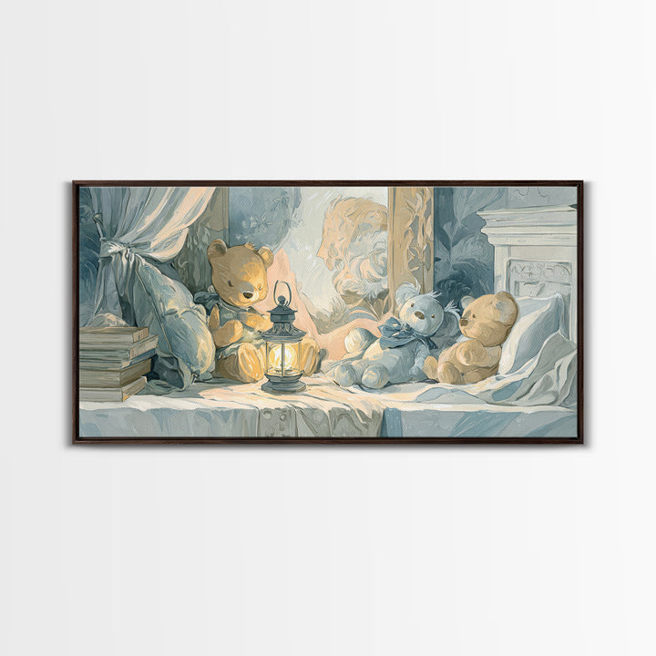 Storybook Bear with Little Lantern Canvas Print, Nursery Decor, Wall, Oil Painting, Nursery, Nursery Wall Decals, NDE-2x1-77