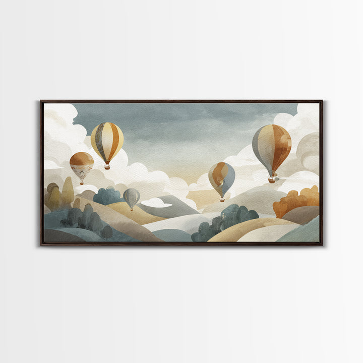 Hot Air Balloon Drifting Framed Canvas Print, Nursery Decor, Playroom Decor, Nursery, Boy Nursery Decor, Gallery Decor, NDE-2x1-80