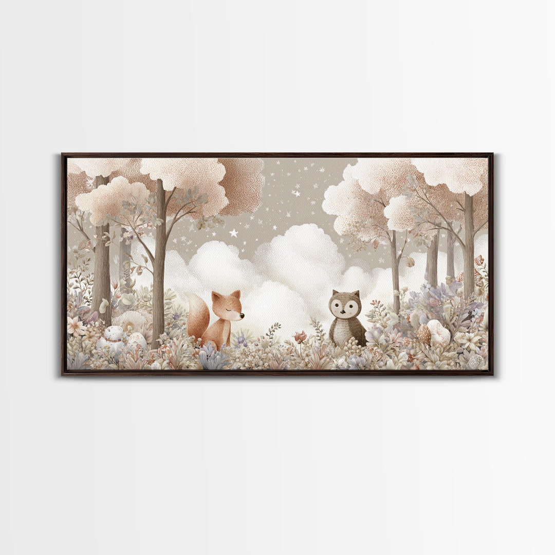 Fox and Owl Friends Canvas Print, Nursery Decor, Canvas, Fine Art, Nursery, Playroom Decor, Floral Wall Art, Botanical Wall Art, NDE-2x1-82