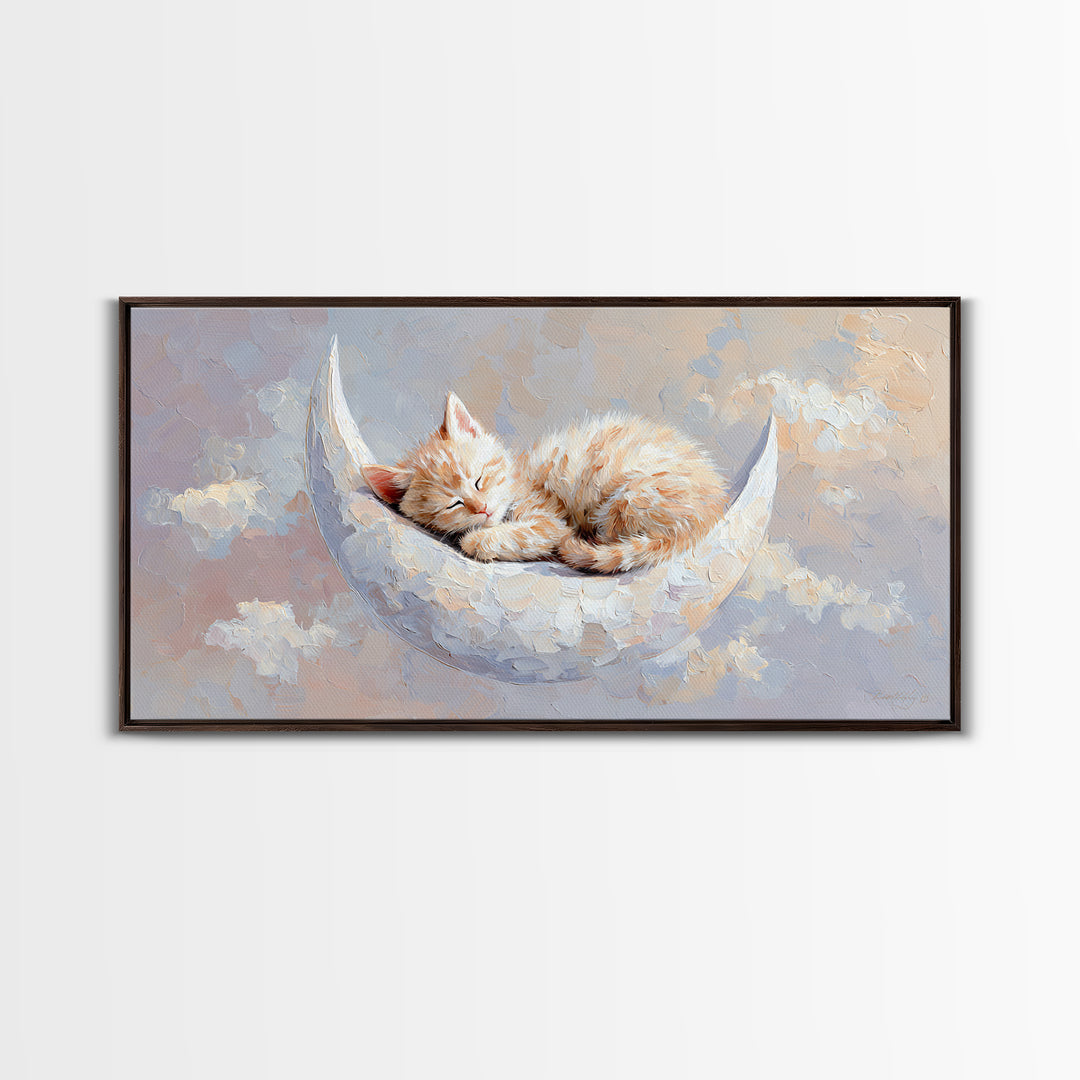 Sleeping Kitten on Crescent Moon Framed Canvas Print, Nursery Decor, Nursery Prints, Fine Art, Nursery, Nursery Wall Decal, NDE-2x1-85