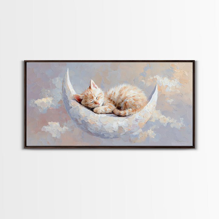 Sleeping Kitten on Crescent Moon Framed Canvas Print, Nursery Decor, Nursery Prints, Fine Art, Nursery, Nursery Wall Decal, NDE-2x1-85