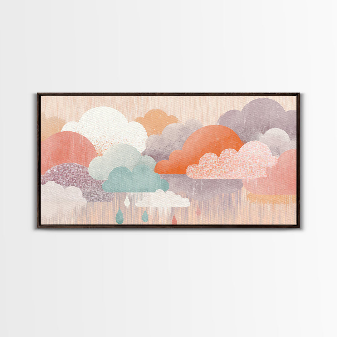 Cloud Rainbow and Raindrop Composition Framed Canvas Print, Nursery Decor, Nursery Art, Fine Art, Nursery, Kids Wall Art, NDE-2x1-88