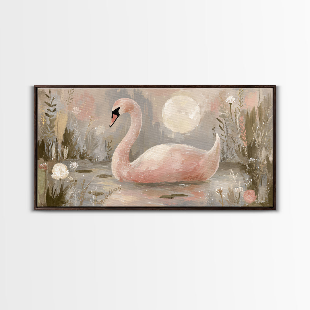 Pink Swan on Calm Pond Framed Canvas Print, Nursery Decor, Printable Wall Art, Nursery, Nursery Prints, Playroom Decor, NDE-2x1-9