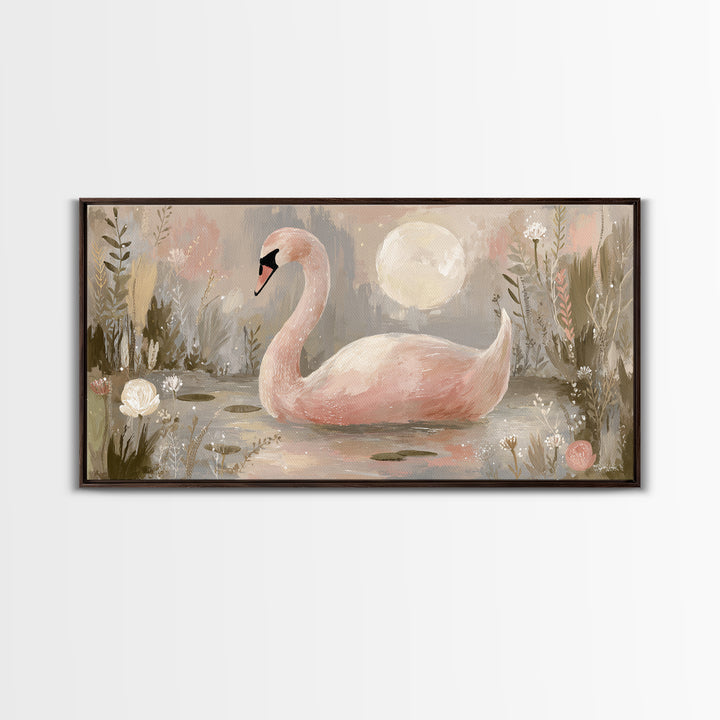 Pink Swan on Calm Pond Framed Canvas Print, Nursery Decor, Printable Wall Art, Nursery, Nursery Prints, Playroom Decor, NDE-2x1-9
