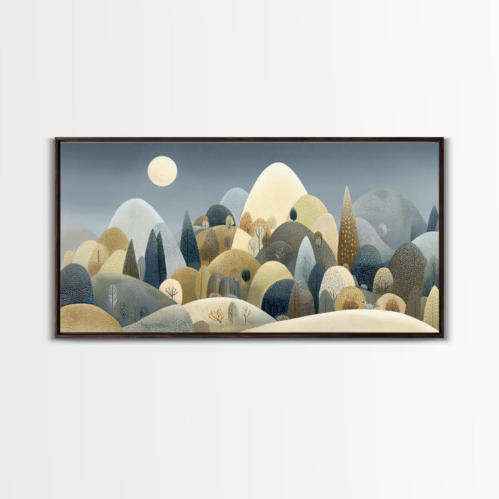 Calm Mountain Nursery Landscape Framed Canvas Print, Nursery Decor, Wall, Nursery, Nursery Wall Decals, Woodland Nursery, NDE-2x1-92