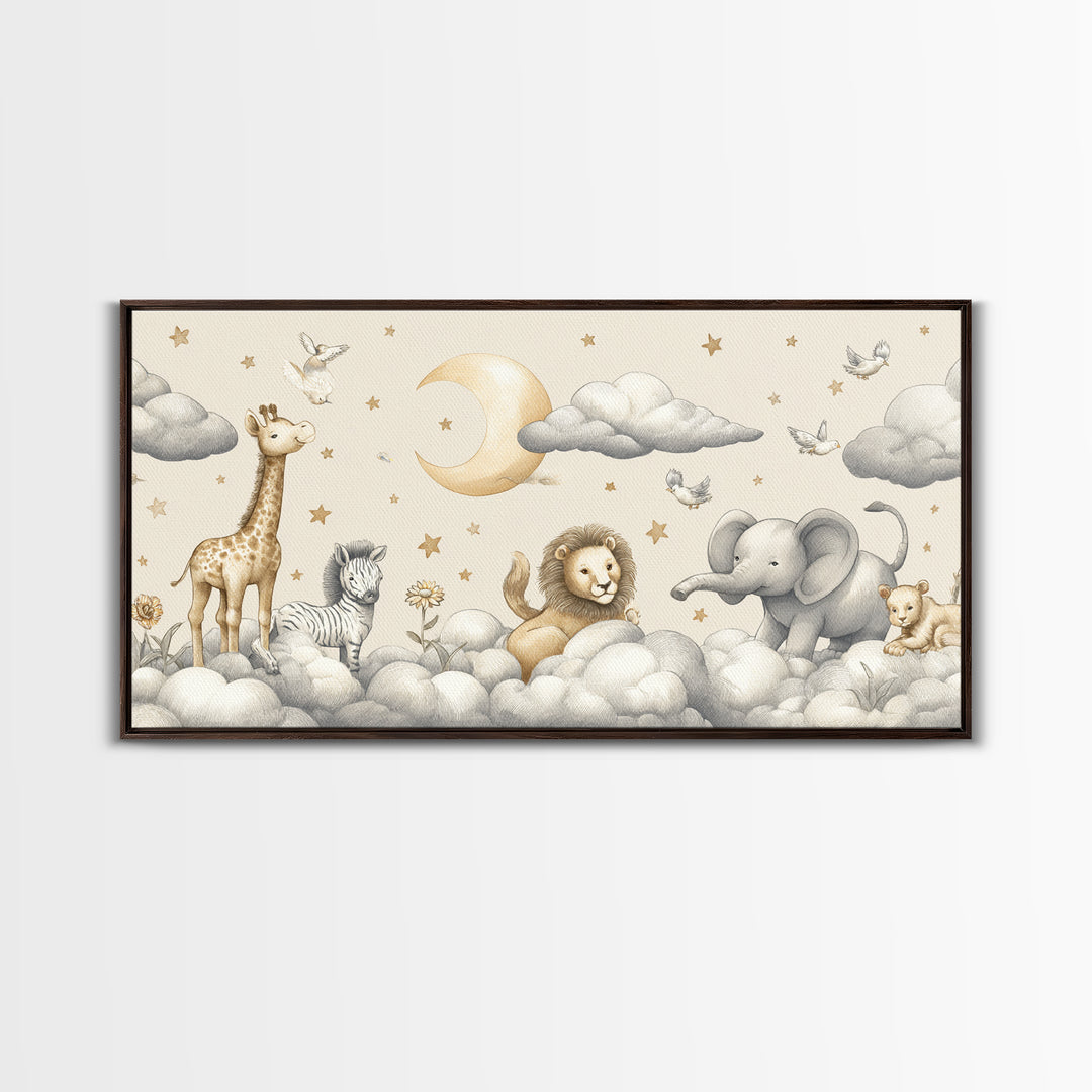 Cute Safari Animals Framed Canvas Print, Nursery Decor, Floral Wallpaper, Oil Painting, Nursery, Fine Art Print, NDE-2x1-96