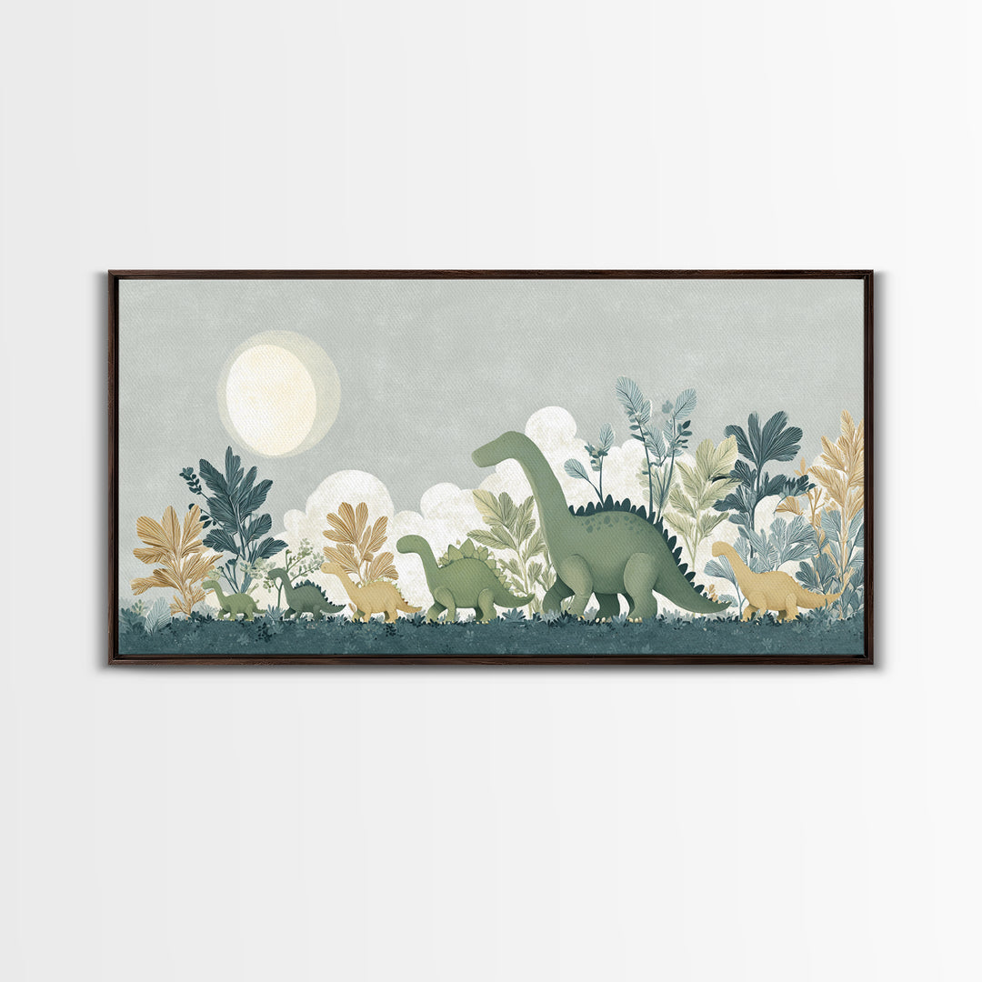 Gentle Dinosaur Family Framed Canvas Print, Nursery Decor, Floral Wall Art, Fine Art, Nursery, Gallery Decor, Neutral Decor, NDE-2x1-99