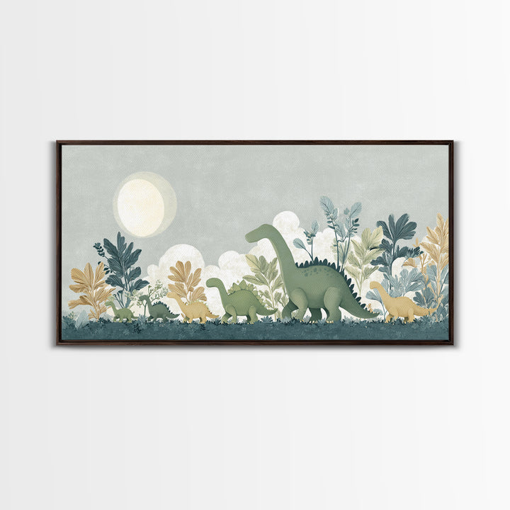 Gentle Dinosaur Family Framed Canvas Print, Nursery Decor, Floral Wall Art, Fine Art, Nursery, Gallery Decor, Neutral Decor, NDE-2x1-99