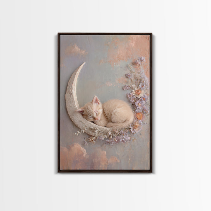 Sleeping Kitten on Crescent Moon Framed Canvas Print, Nursery Decor, Framed Wall Art, Fine Art, Nursery, Safari Nursery Decor, NDE-2x3-1