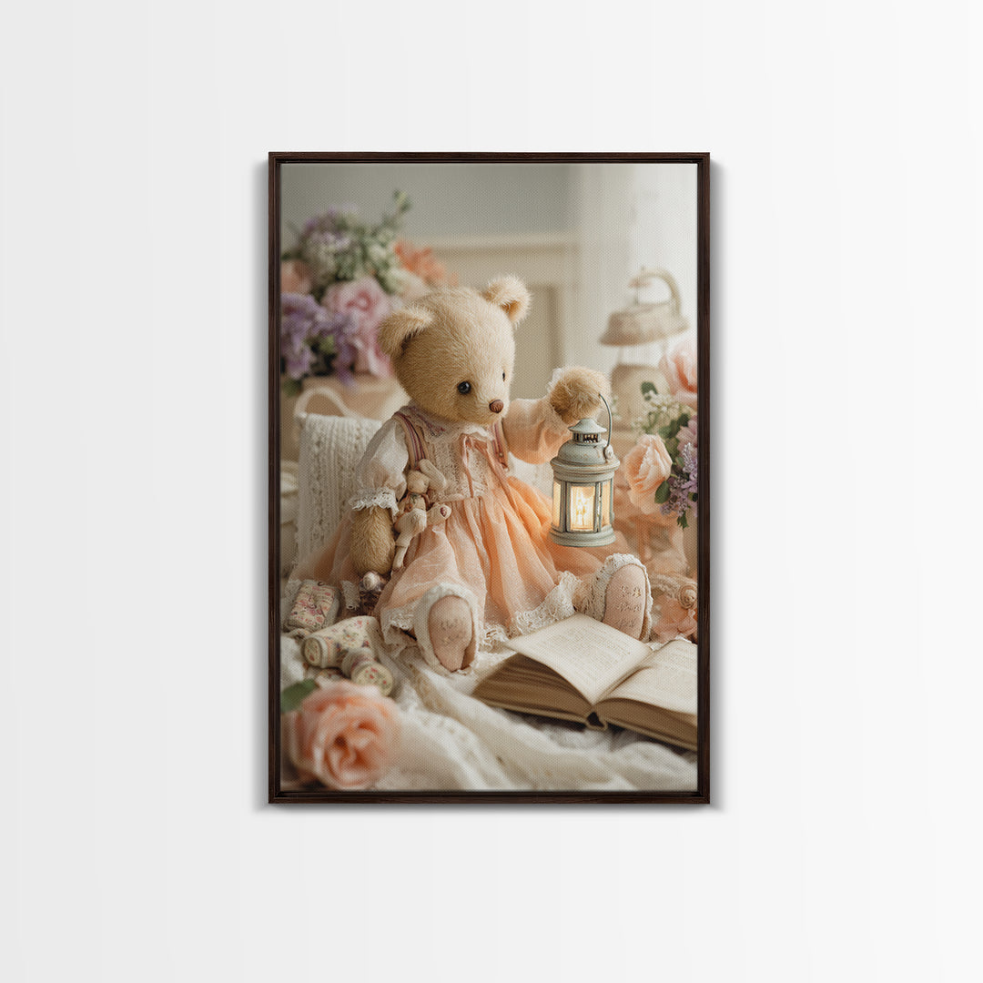 Storybook Bear with Little Lantern Framed Canvas Print, Nursery Decor, Wall Decals, Abstract Art, Nursery, Girl Nursery Decor, NDE-2x3-17