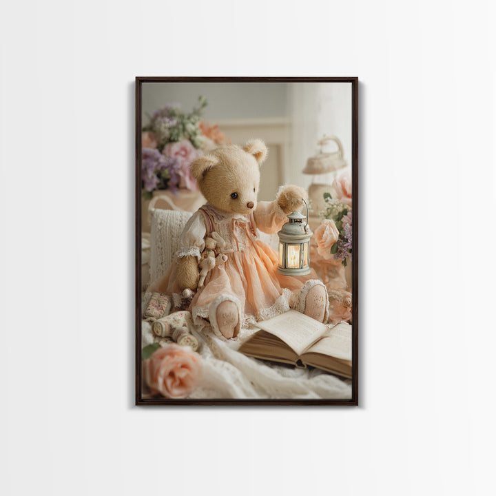 Storybook Bear with Little Lantern Framed Canvas Print, Nursery Decor, Wall Decals, Abstract Art, Nursery, Girl Nursery Decor, NDE-2x3-17