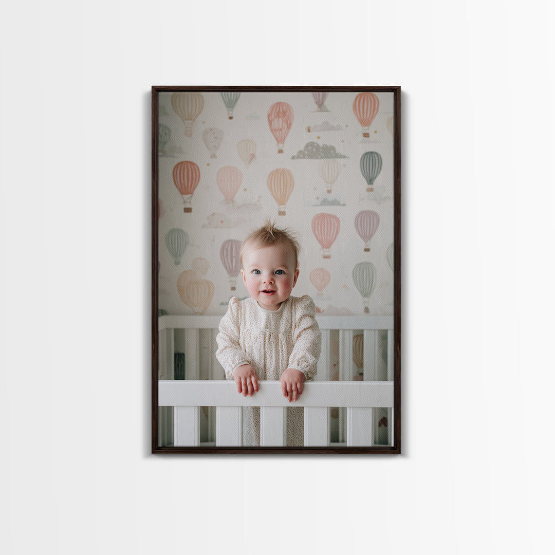 Hot Air Balloon Drifting Framed Canvas Print, Nursery Decor, Wall, Oil Painting, Nursery, Nursery Wall Decals, Woodland Nursery, NDE-2x3-20