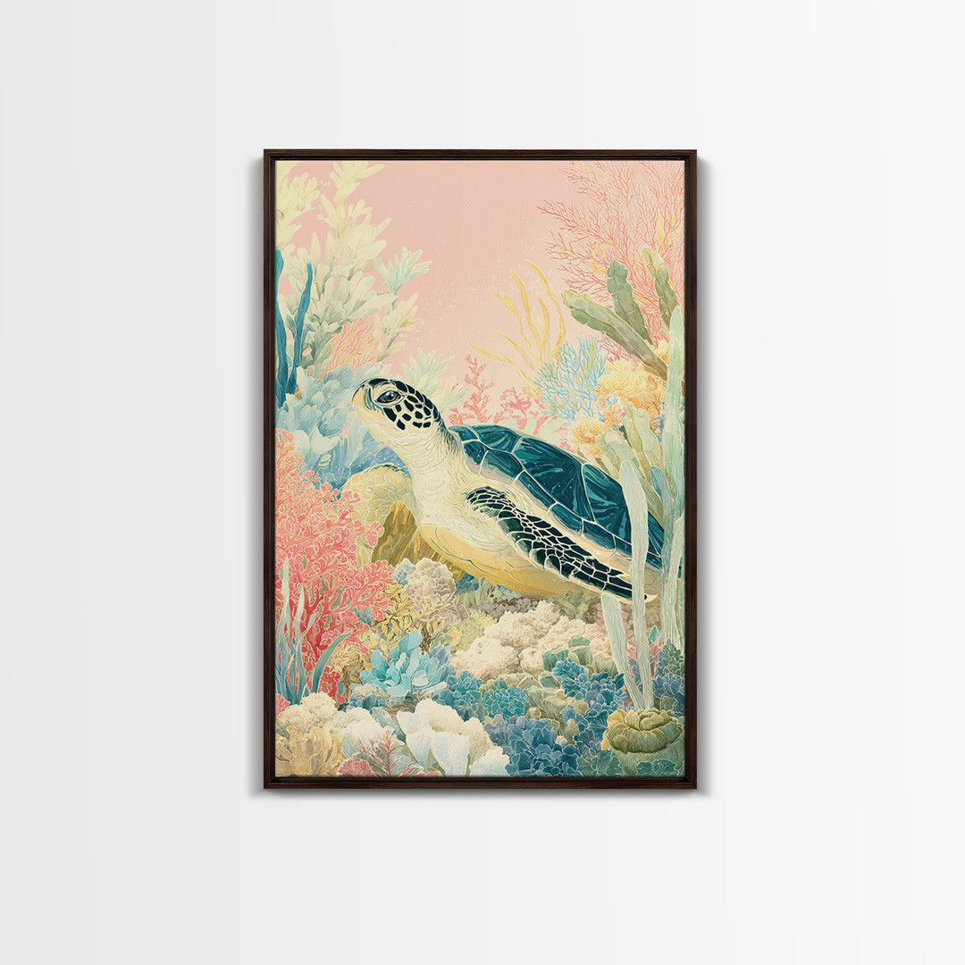 Tiny Turtle with Sea Plants Framed Canvas Print, Nursery Decor, Room Decor, Fine Art, Nursery, Framed Wall Art, Bedroom Decor, NDE-2x3-3