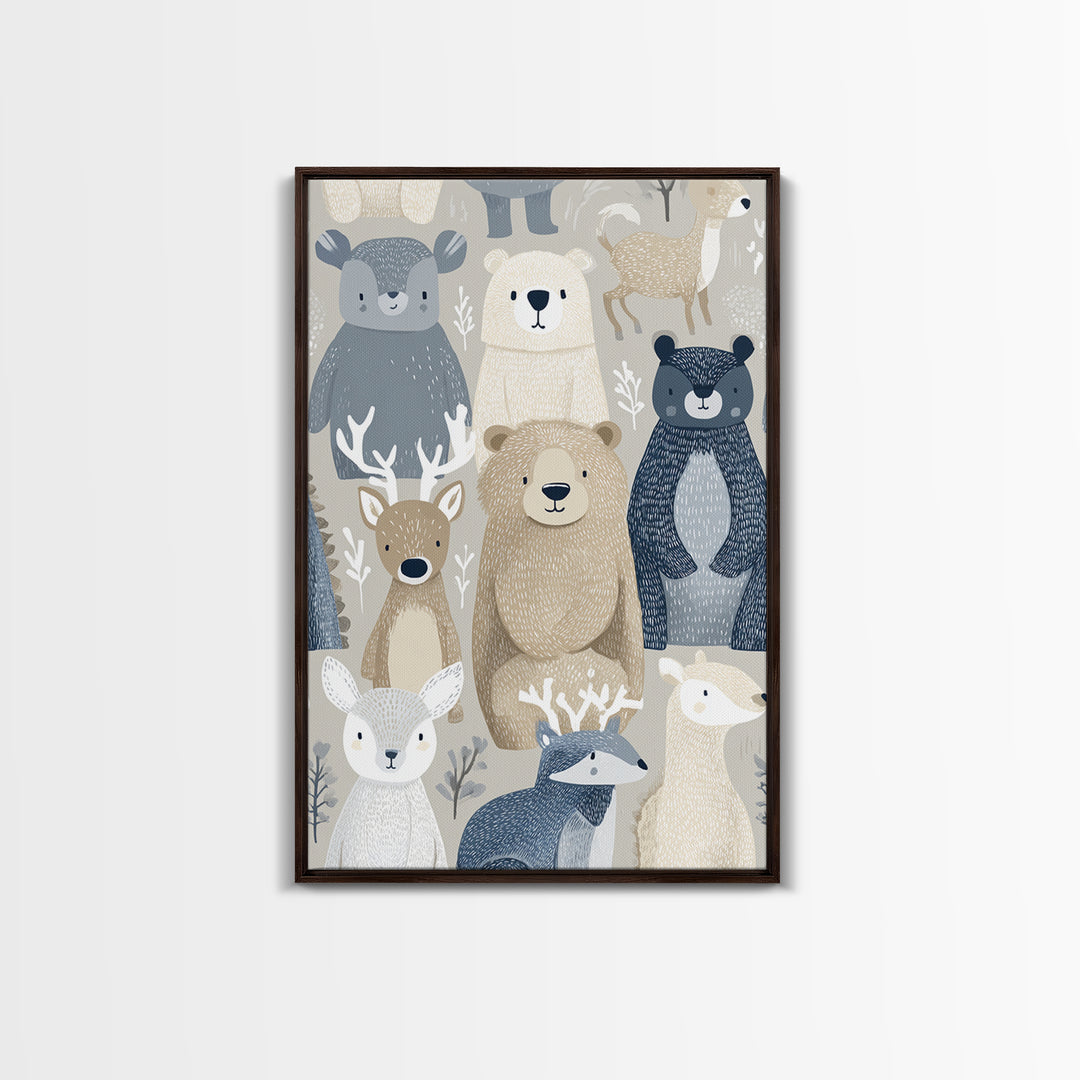 Woodland Animal Parade Framed Canvas Print, Nursery Decor, Canvas, Fine Art, Nursery, Playroom Decor, Floral Wall Art, NDE-2x3-34
