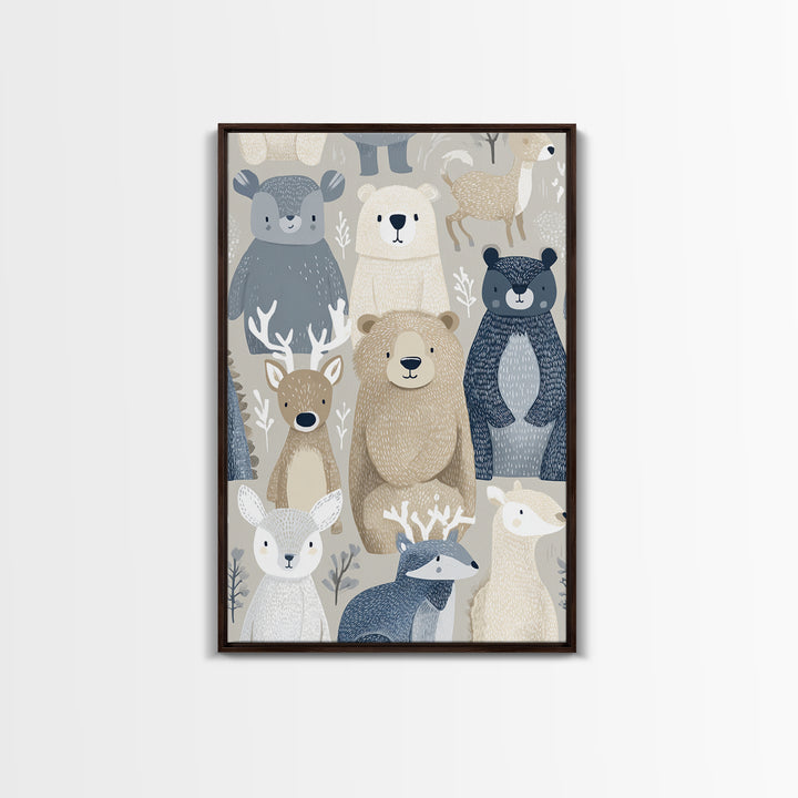Woodland Animal Parade Framed Canvas Print, Nursery Decor, Canvas, Fine Art, Nursery, Playroom Decor, Floral Wall Art, NDE-2x3-34