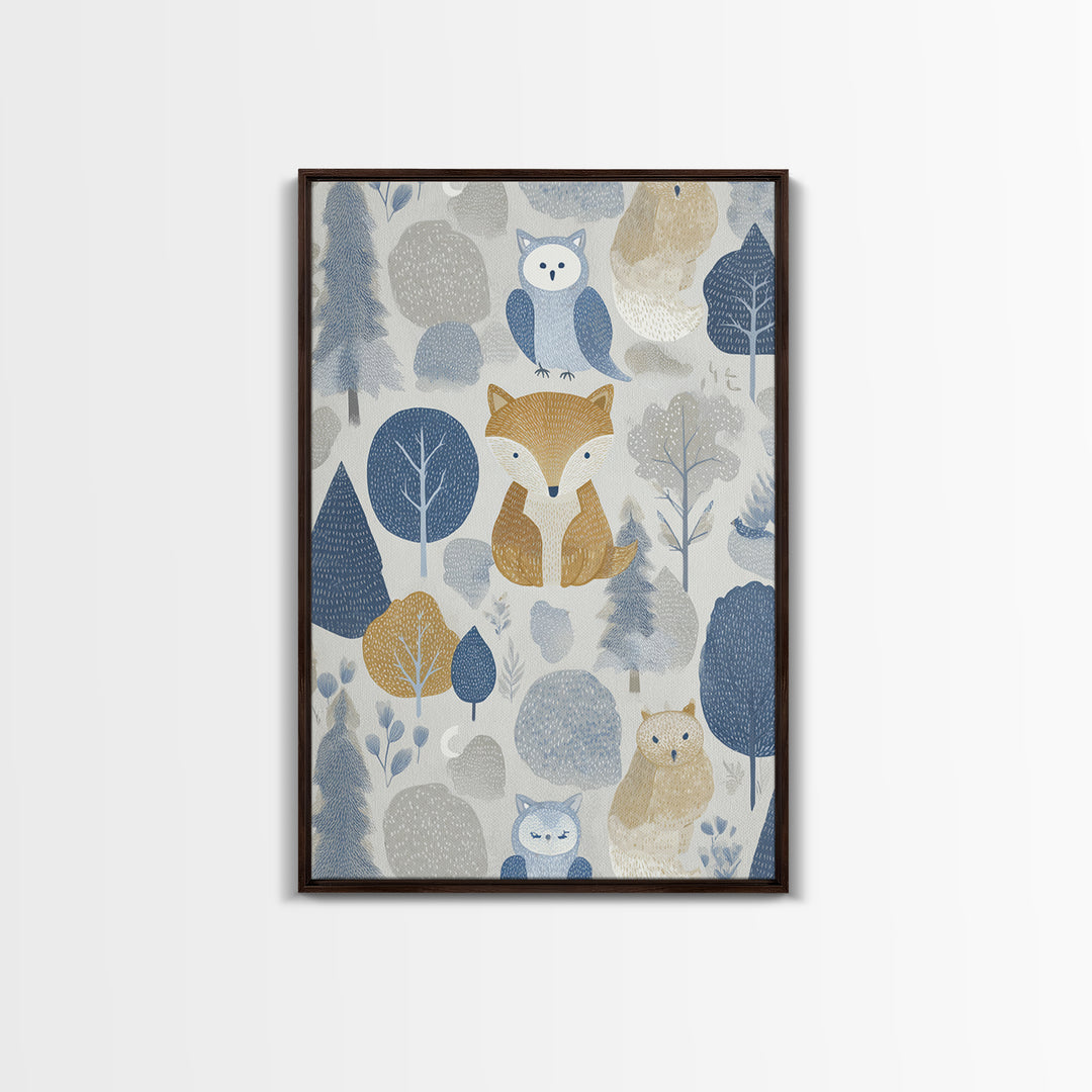 Fox and Owl Friends Framed Canvas Print, Nursery Decor, Wall Decor, Fine Art, Nursery, Woodland Nursery Decor, Nursery Prints, NDE-2x3-46