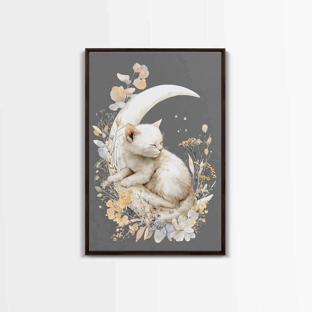 Sleeping Kitten on Crescent Moon Canvas Print, Nursery Decor, Nursery Art, Nursery, Kids Wall Art, Nursery Wall Decals, NDE-2x3-49