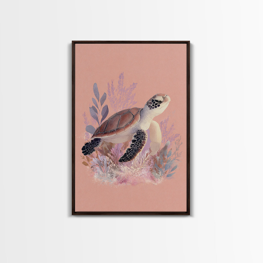 Tiny Turtle with Sea Plants Framed Canvas Print, Nursery Decor, Nursery Wall Art, Oil Painting, Nursery, Botanical Wall Art, NDE-2x3-51