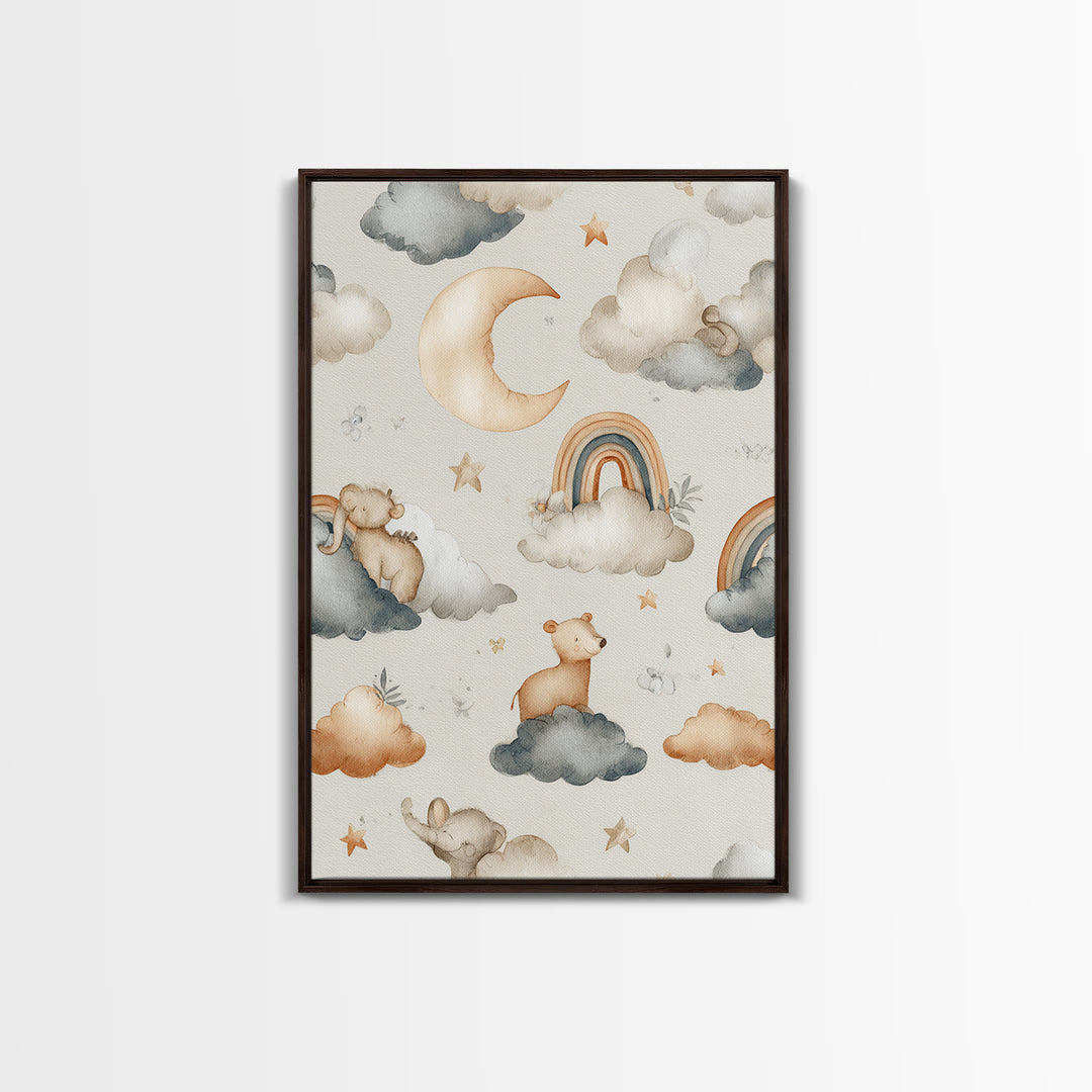 Cloud Rainbow and Raindrop Composition Framed Canvas Print, Nursery Decor, Wall Decor, Nursery, Woodland Nursery Decor, NDE-2x3-52
