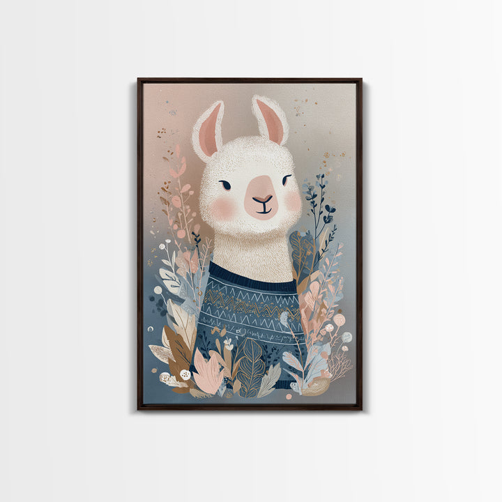 Cute Llama with Blanket Pattern Framed Canvas Print, Nursery Decor, Wall, Oil Painting, Nursery, Nursery Wall Decals, NDE-2x3-53
