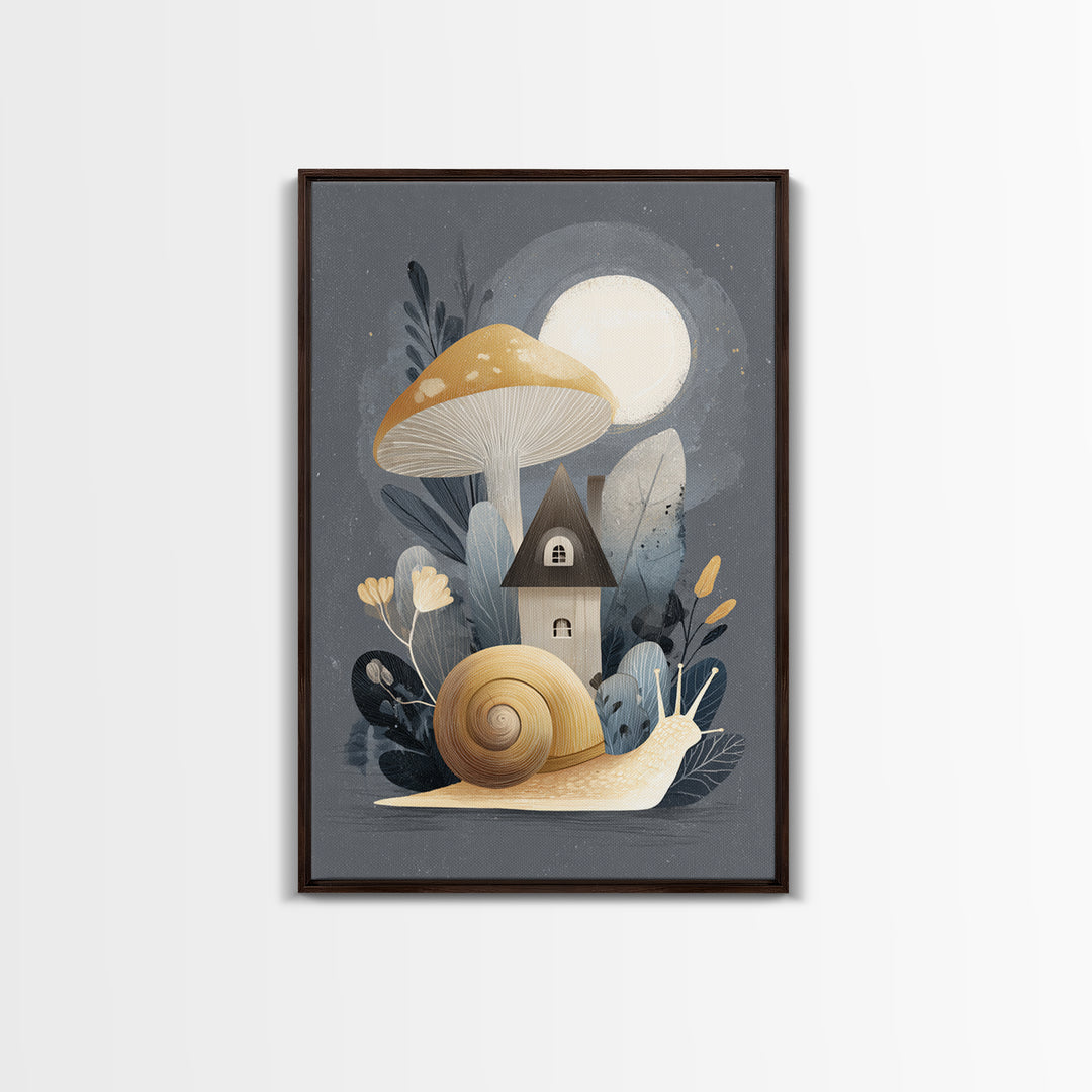 Garden Snail with Mushroom House Framed Canvas Print, Nursery Decor, Framed Wall Art, Oil Painting, Nursery, NDE-2x3-55