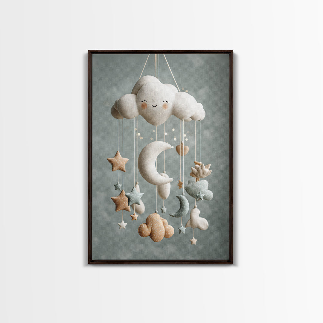 Moon Phase Mobile Framed Canvas Print, Nursery Decor, Wall, Oil Painting, Nursery, Nursery Wall Decals, Woodland Nursery, NDE-2x3-59
