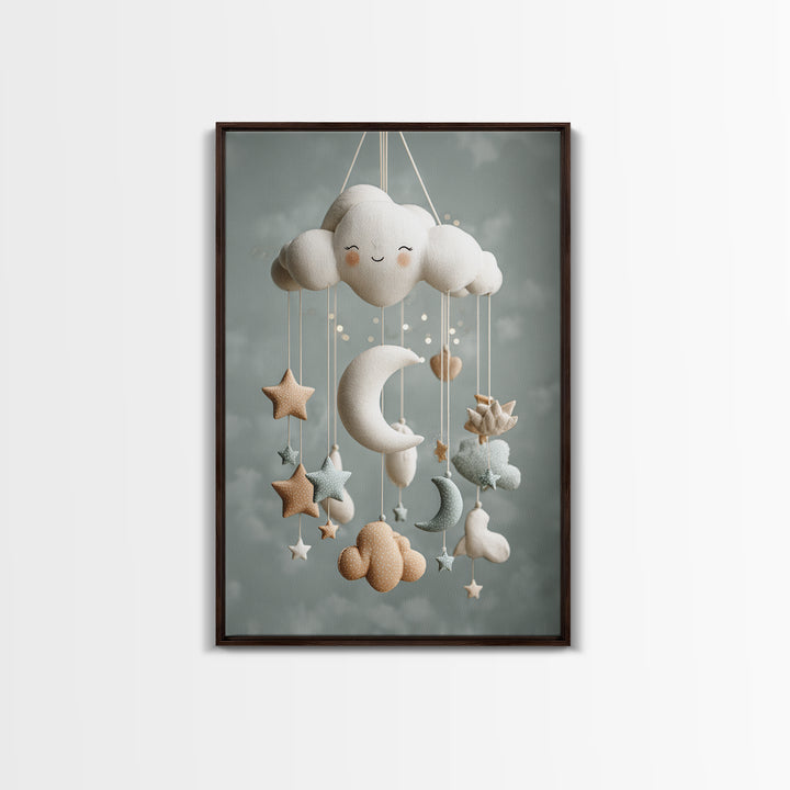 Moon Phase Mobile Framed Canvas Print, Nursery Decor, Wall, Oil Painting, Nursery, Nursery Wall Decals, Woodland Nursery, NDE-2x3-59