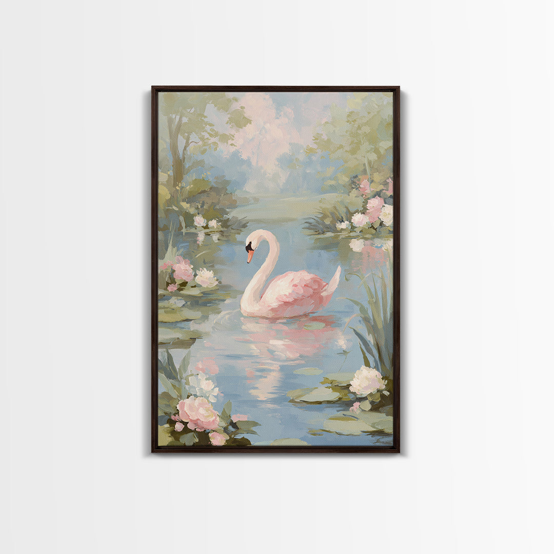 Pink Swan on Calm Pond Framed Canvas Print, Nursery Decor, Floral Wall Art, Fine Art, Nursery, Gallery Decor, Neutral Decor, NDE-2x3-69