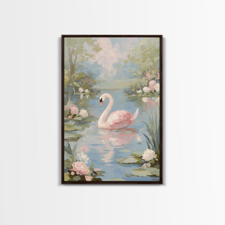 Pink Swan on Calm Pond Framed Canvas Print, Nursery Decor, Floral Wall Art, Fine Art, Nursery, Gallery Decor, Neutral Decor, NDE-2x3-69