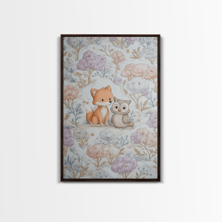 Fox and Owl Friends Canvas Print, Nursery Decor, Framed Wall Art, Oil Painting, Nursery, Safari Nursery Decor, Floral Wallpaper, NDE-2x3-70