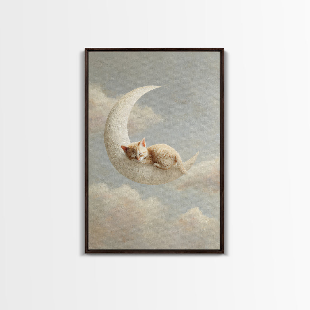 Sleeping Kitten on Crescent Moon Framed Canvas Print, Nursery Decor, Botanical Wall Art, Fine Art, Nursery, Neutral Decor, NDE-2x3-73