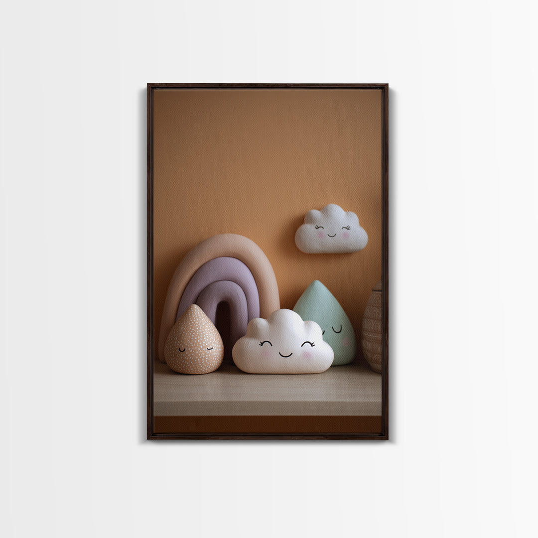 Cloud Rainbow and Raindrop Composition Framed Canvas Print, Nursery Decor, Nursery Name Sign, Fine Art, Nursery, Luxury Decor, NDE-2x3-76