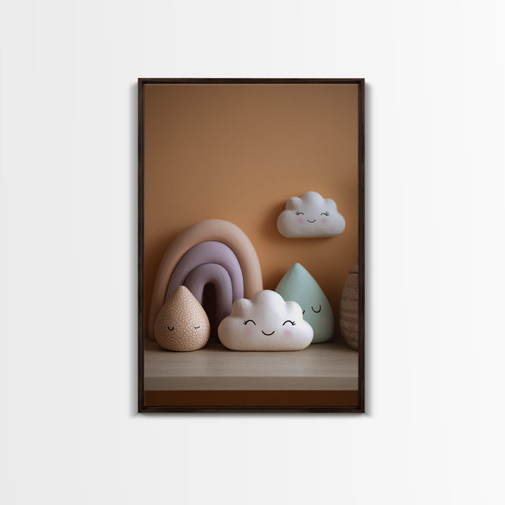Cloud Rainbow and Raindrop Composition Framed Canvas Print, Nursery Decor, Nursery Name Sign, Fine Art, Nursery, Luxury Decor, NDE-2x3-76