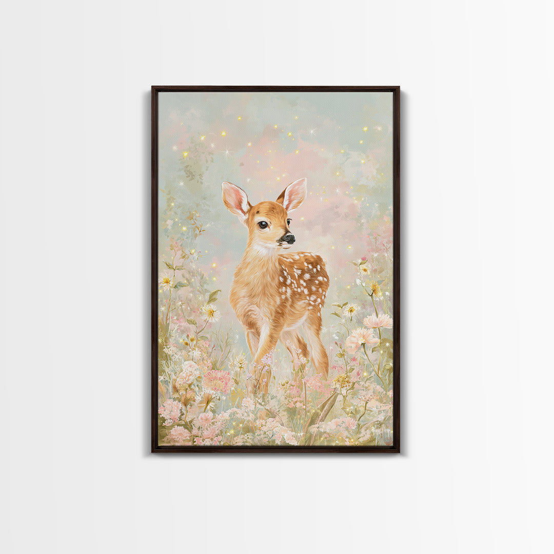 Baby Deer in Meadow with Fireflies Framed Canvas Print, Nursery Decor, Wall Decal, Nursery, Wall Light, Girl Nursery Decor, NDE-2x3-78