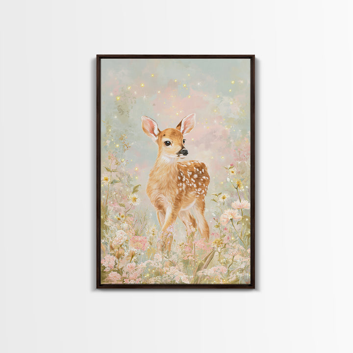 Baby Deer in Meadow with Fireflies Framed Canvas Print, Nursery Decor, Wall Decal, Nursery, Wall Light, Girl Nursery Decor, NDE-2x3-78