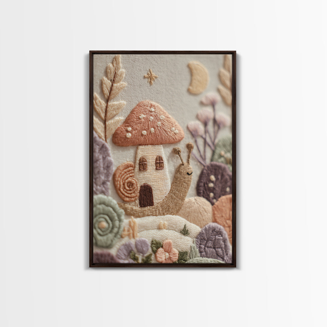 Garden Snail with Mushroom House Canvas Print, Nursery Decor, Nursery Art, Watercolor Art, Nursery, Kids Wall Art, NDE-2x3-79