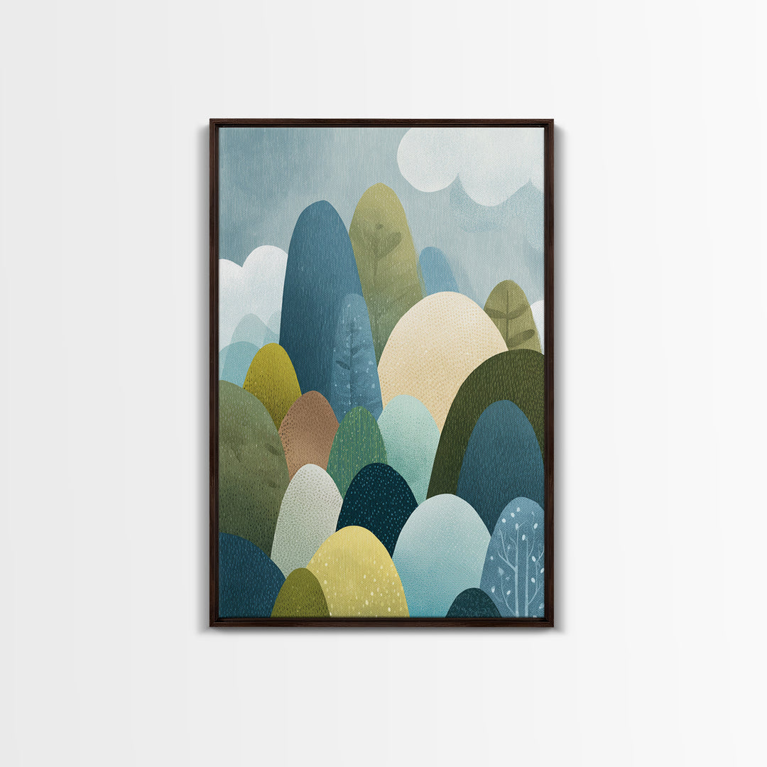 Calm Mountain Nursery Landscape Framed Canvas Print, Nursery Decor, Bedroom Decor, Fine Art, Nursery, Floral Wallpaper, NDE-2x3-80