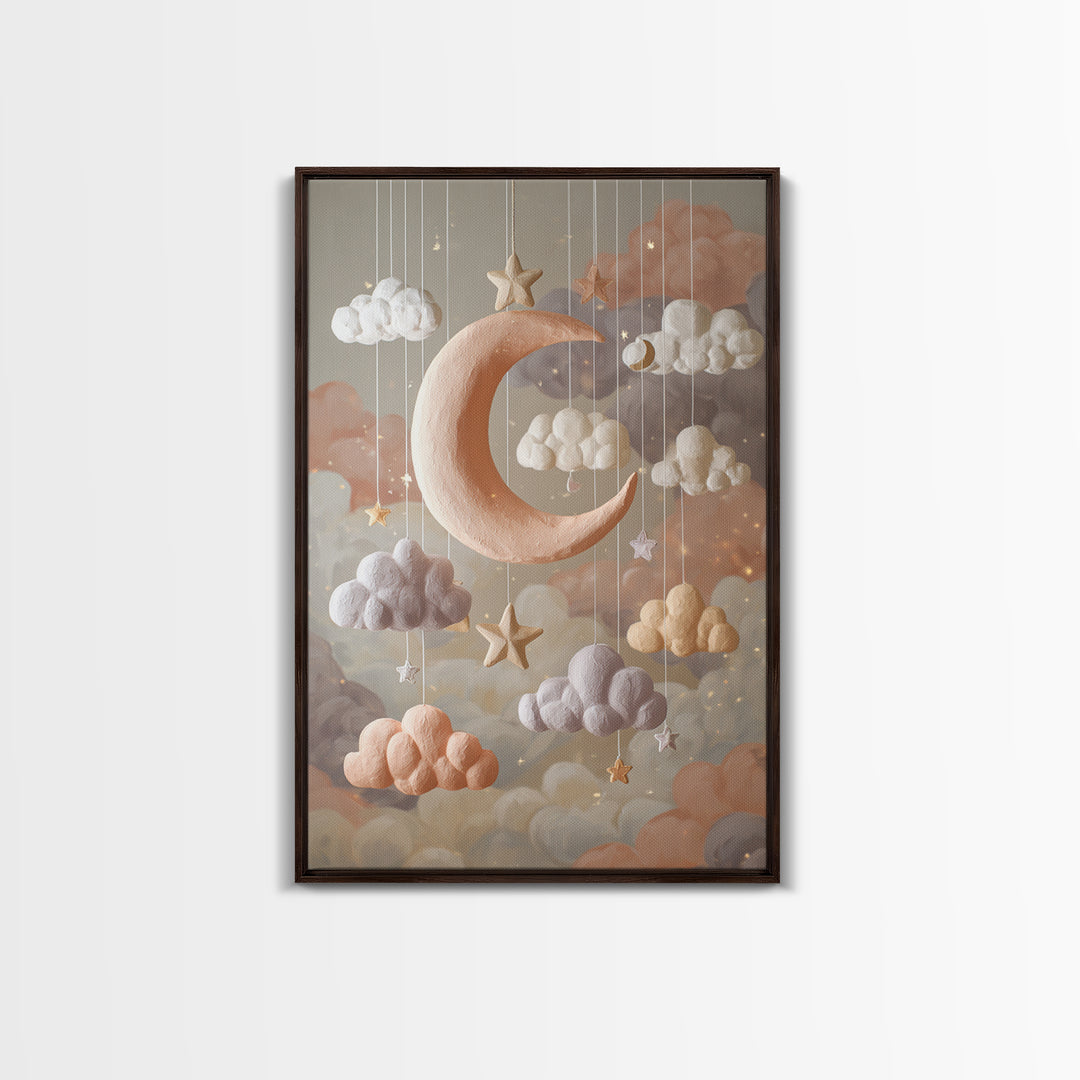 Moon Phase Mobile Framed Canvas Print, Nursery Decor, Kids Wall Art, Abstract Art, Nursery, Room Decor, Textured Painting, NDE-2x3-83