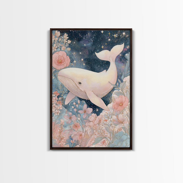 Baby Whale Swimming Through Stars Framed Canvas Print, Nursery Decor, Nursery Prints, Fine Art, Nursery, Nursery Wall Decal, NDE-2x3-88