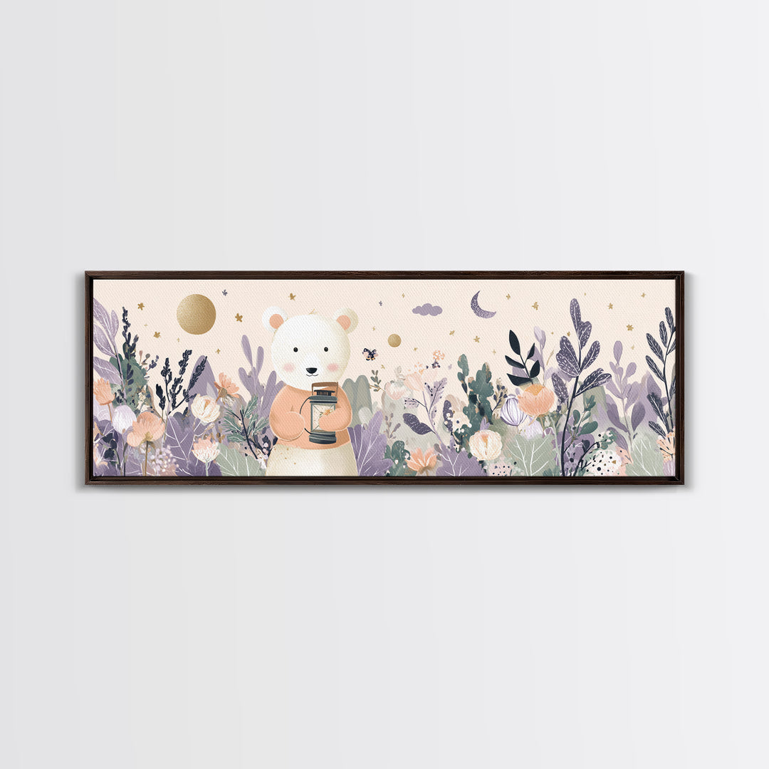 Storybook Bear with Little Lantern Framed Canvas Print, Nursery Decor, Safari Nursery Decor, Fine Art, Nursery, Modern Decor, NDE-3x1-1