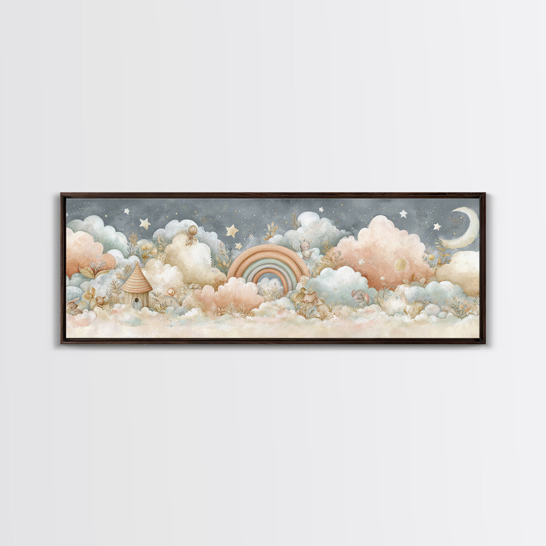 Cloud Rainbow and Raindrop Composition Framed Canvas Print, Nursery Decor, Nursery Name Sign, Fine Art, Nursery, Luxury Decor, NDE-3x1-12