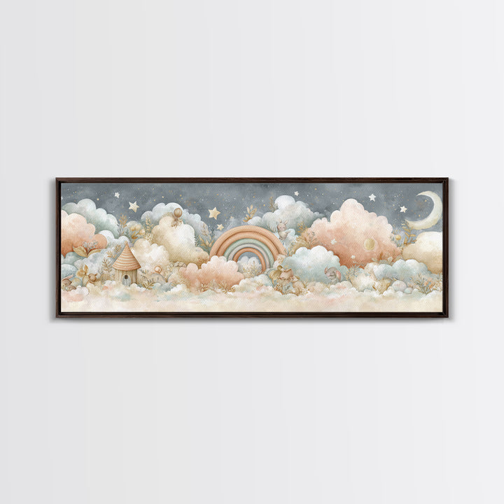 Cloud Rainbow and Raindrop Composition Framed Canvas Print, Nursery Decor, Nursery Name Sign, Fine Art, Nursery, Luxury Decor, NDE-3x1-12